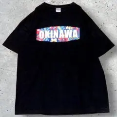 Okinawa 花柄プリント Tシャツ XL 黒 t107