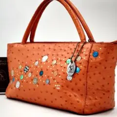 【美品 JRA公認】オーストリッチ ハンドバッグ 肩掛け ビジュー オレンジ
