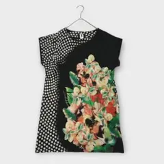 【美品】転写プリント総柄チュニック フレンチスリーブ 花柄水玉 派手 ストレッチ