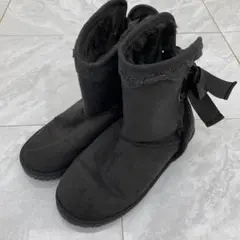 axes femme ムートンブーツ 黒 リボン レース ファー付き 防寒