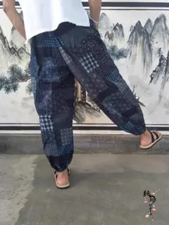 フリーサイズ　もんペ　ワイドパンツ 楽ちんパン　和モダン　パッチワーク　N