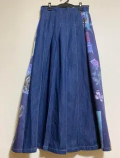 柄切り替えデニムプリーツロングスカート