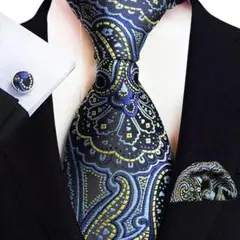 【新品3点セット】蝶ネクタイ　チーフ　カフス　青　結婚式披露宴イベント