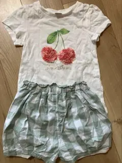 プティマイン　チェリー刺繍Tシャツとチェックパンツセット　110