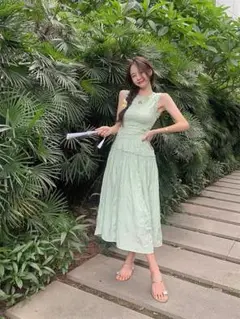 ワンピース レディース 夏 ロングワンピース グリーン ノースリーブ