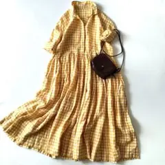 【美品】デニール　リネン100％ギャザーシャツワンピース　黄色ギンガムチェック