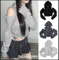 THEAIRTOWN ショルダー スリット オフショル フード パーカー