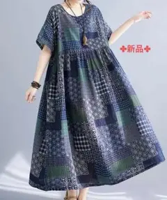 ✤新品✤パッチワークデザイン 半袖ロングワンピース