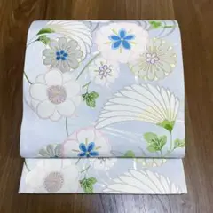 正絹 六通袋帯【薄い青 花々】 No.919