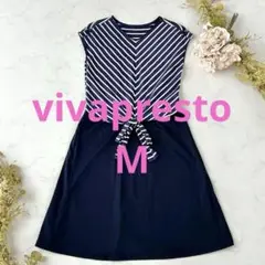 vivapresto Vネック ストライプ フレンチスリーブネイビー ワンピ