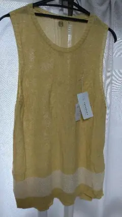 値下げ！新品未使用 タグ付き 高級上質ニットロングジレ 透かし編みイエロー 麻混