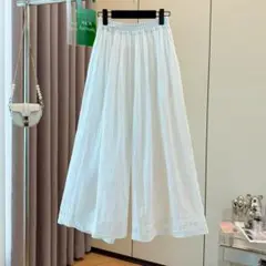 ホワイト オシャレデザイン ワイドパンツ 薄手 レース柄 キュロットスカ—ト