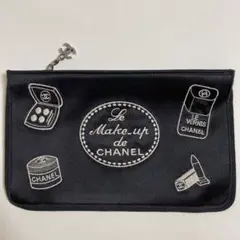 CHANEL シャネル サテン 刺繍 ポーチ ロゴチャーム ブラック 美品