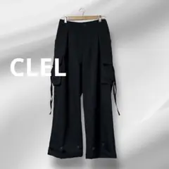 CLEL★ブラック カーゴパンツ サイドポケット付き ワイドパンツ 裾絞り 黒