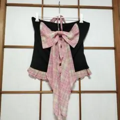 リボン付き黒とピンクのチェックベアトップ