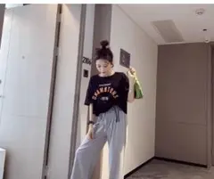 レディース シャーリング 五分袖 クロップド丈 ジムにも 速乾 Tシャツ 黒