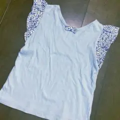 水色 フリル袖 Tシャツ　リバティ柄