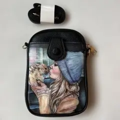 イラスト付き スマホ ショルダーバッグ ブラック