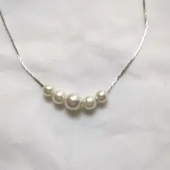 【美品】シルバーチェーンフェイクパールネックレス全長40cmアジャスター上品清楚