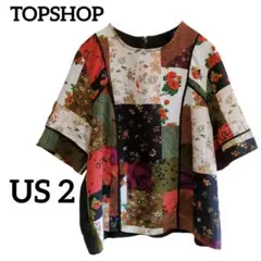 TOPSHOP【US 2】パッチワーク風 半袖シャツ 透け感