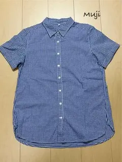 美品　無印良品　Muji 半袖ブルーチェックシャツ Lサイズ