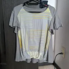 セラビ　ボーダー＆ストライプ柄 フリル袖 Tシャツ グレー/イエロー9号