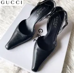 12 グッチ GUCCI レザー パンプス 黒 ブランドロゴ 22.5
