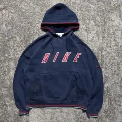 【90s】銀タグ "NIKE" (XL) フーディ パーカー　ネイビー　刺繍