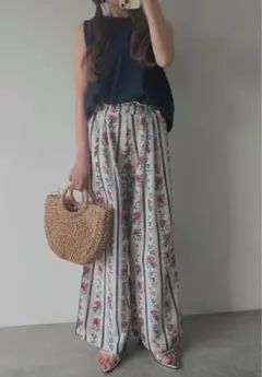 anchic ストライプフラワープリントイージーパンツ　ベージュ　S