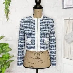 美品★ルーニィ【F】ノーカラージャケット ツイード ダブルジップ 長袖 総柄