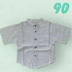 【新品未使用】ベビー服　キッズ　90 ノーカラー半袖シャツ　ストライプ　水色