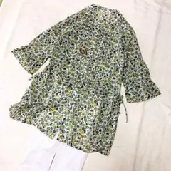 Kansai Bis 花柄7分袖　スキッパー プリーツシャツブラウス（ L）