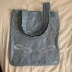 Casselini 水色リボン刺繍トートバッグ
