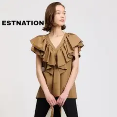 激レア✨美品✨ エストネーション ブラウス ギャザー フリル Vネック キャメル