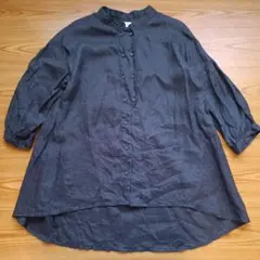 【美品】SEASON REASON・リネン墨黒グレー７分袖シャツMしまむら麻