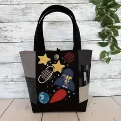 ハンドメイド　トートバッグ　No.873 パッチワーク風　モノトーン　宇宙