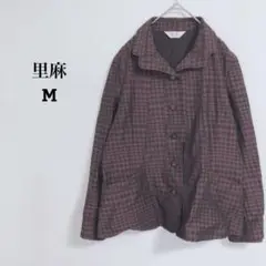 里麻　ジャケット　羽織　総柄　薄手　シニア　ミセス　軽量　ボタン　長袖　M