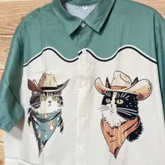 カウボーイ 猫 イラスト アロハ 半袖 シャツ M 緑 柄シャツ オシャレ