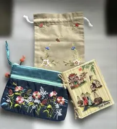 ベトナム製　刺繍ポーチと巾着袋、ノートの3点セット