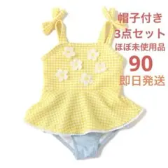 【美品】プティマイン(petit main) ギンガム花モチーフタンキニ水着90