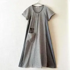 ☆【BON FEE】ロングワンピース ボーダー Ａライン Uネック 綿混 M