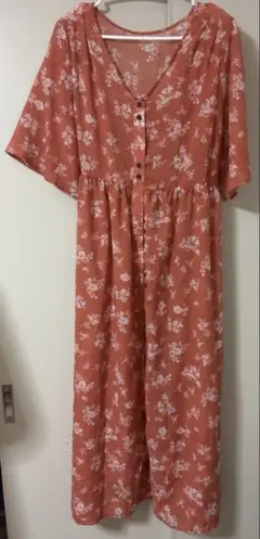 オレンジ 花柄 半袖ロングシャツワンピース