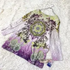 【U.S.A製】花柄カットソー　ビジュー　ロンT シワ加工　未使用　L