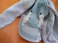 ダメージ加工 うさ耳 青 キャップ