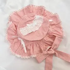 フリル帽子 ファンシー レトロ レース チェック リボン ピンク