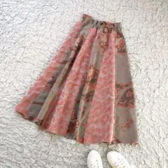 着物リメイク　ロングスカート　フレア　12枚はぎ　パッチワーク　ピンク　和柄