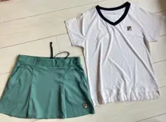 美品＊FILAフィラ＊裾プリーツトップスとグリーンのスコート上下セットXL