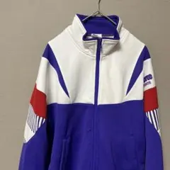 アシックス　フルジップジャージ(M)レトロトラックジャケットブルー＆ ホワイト