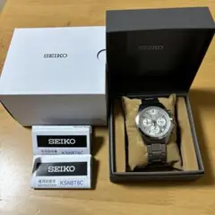 【稼動】SEIKO クロノグラフ ネイビー　KSN8T6C 箱付き Seiko Chronograph KSN8T6C Date St.Steel Blue Silver Quartz