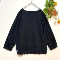 【千趣会】トップス　シフォンブラウス　長袖　プリーツ　ネイビー　大きめLL